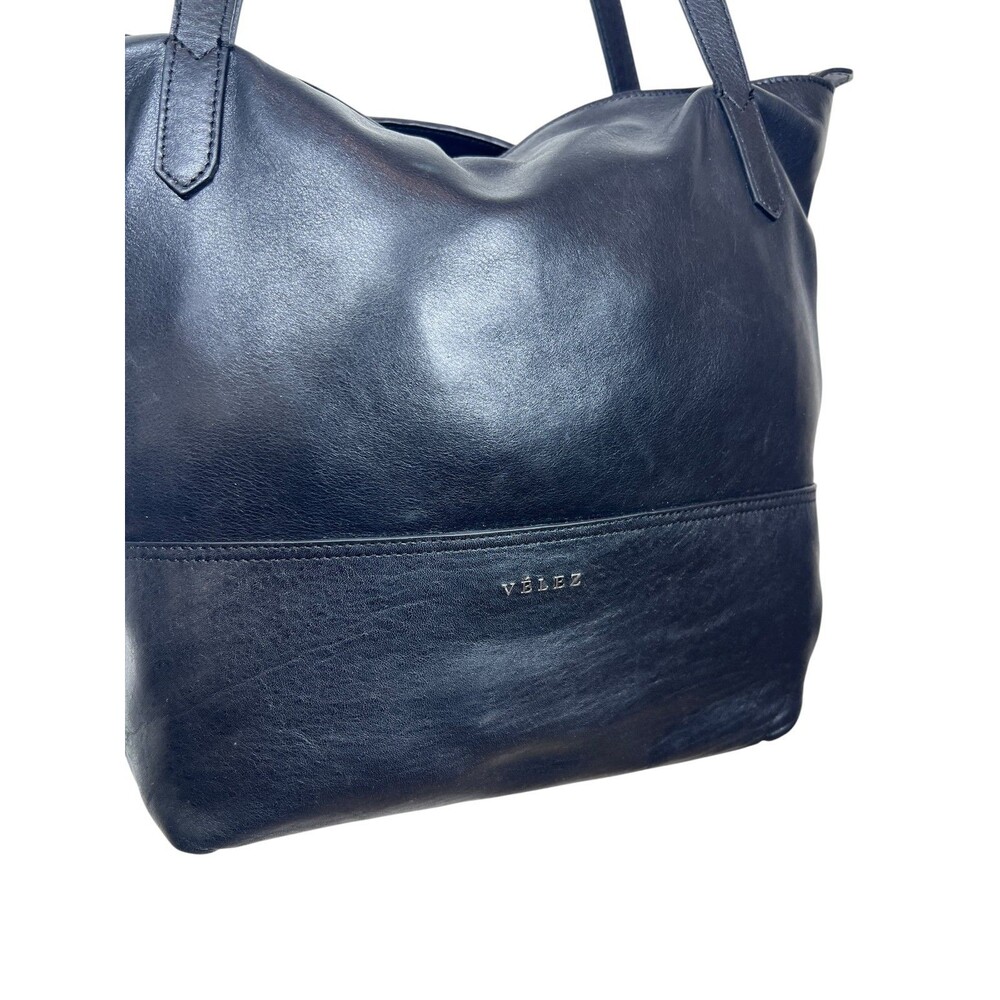 Velez Black Leather Tote Large Minimalist Shoulder Bag Zipper Top - Picture 3 of 12